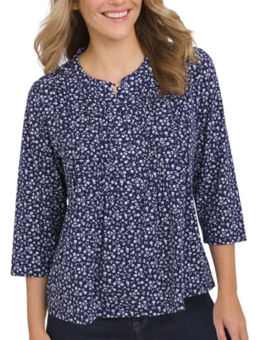 Lands' End Women's Pintuck 3/4 Sleeve Top Blue Floral